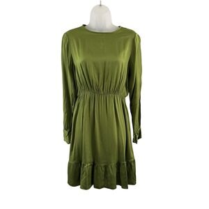 48h Dress Womens Medium Green Long Sleeve Ruffle Hem Fit Flare Italy Viscose